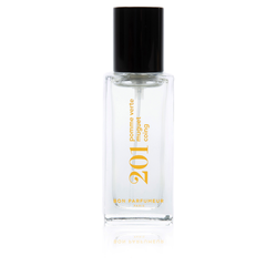 Bon Parfumeur 201 Green Apple – clear glass bottle with black spray nozzle, white background – perfume