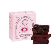 Cosmic Alchemy Dealer Black Sesame with Chai – pink cardboard box, 4 chocolates, white background – health snack