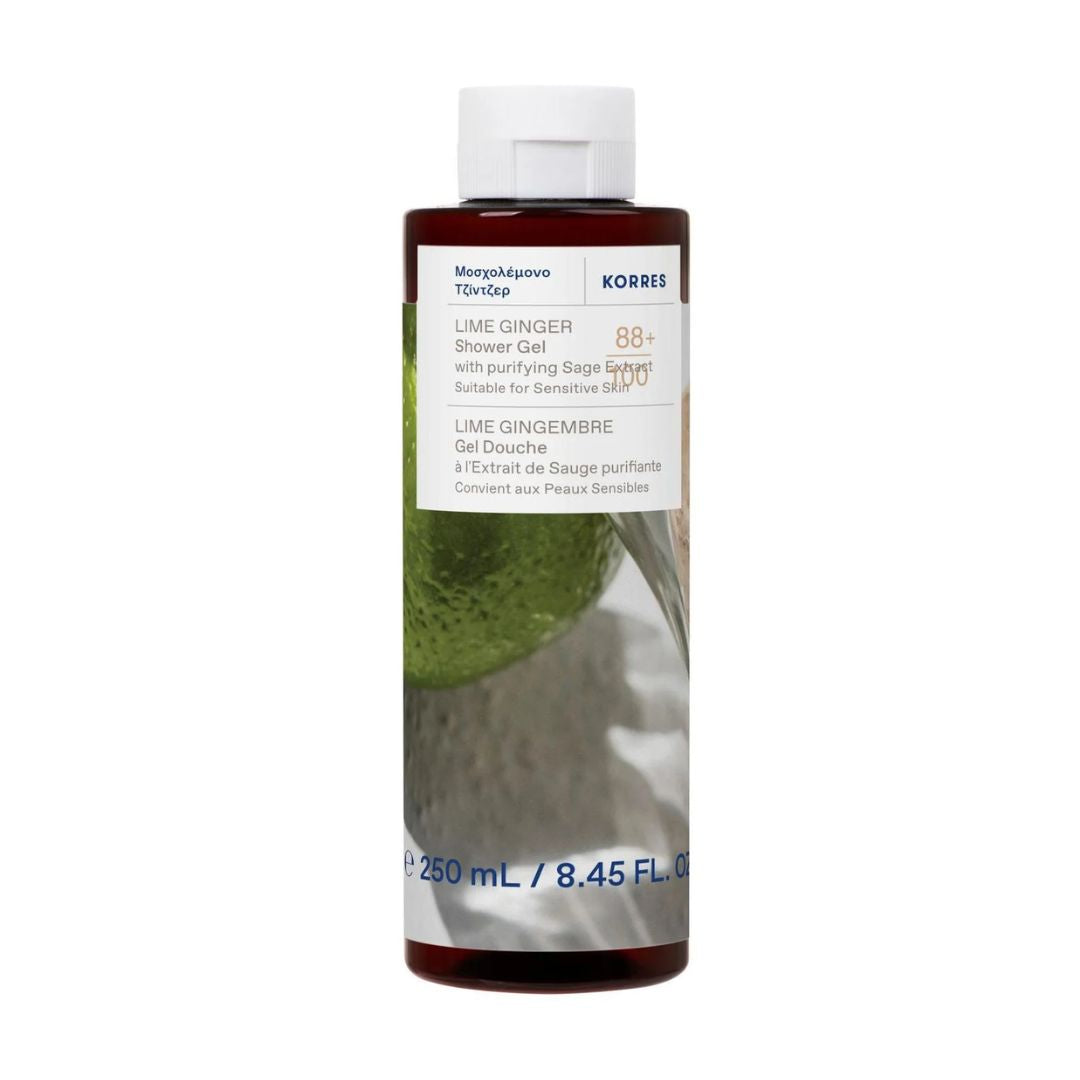 KORRES Lime Ginger Duschgel – braune Flasche 250ml, weißer Deckel, weißer Hintergrund – Duschen