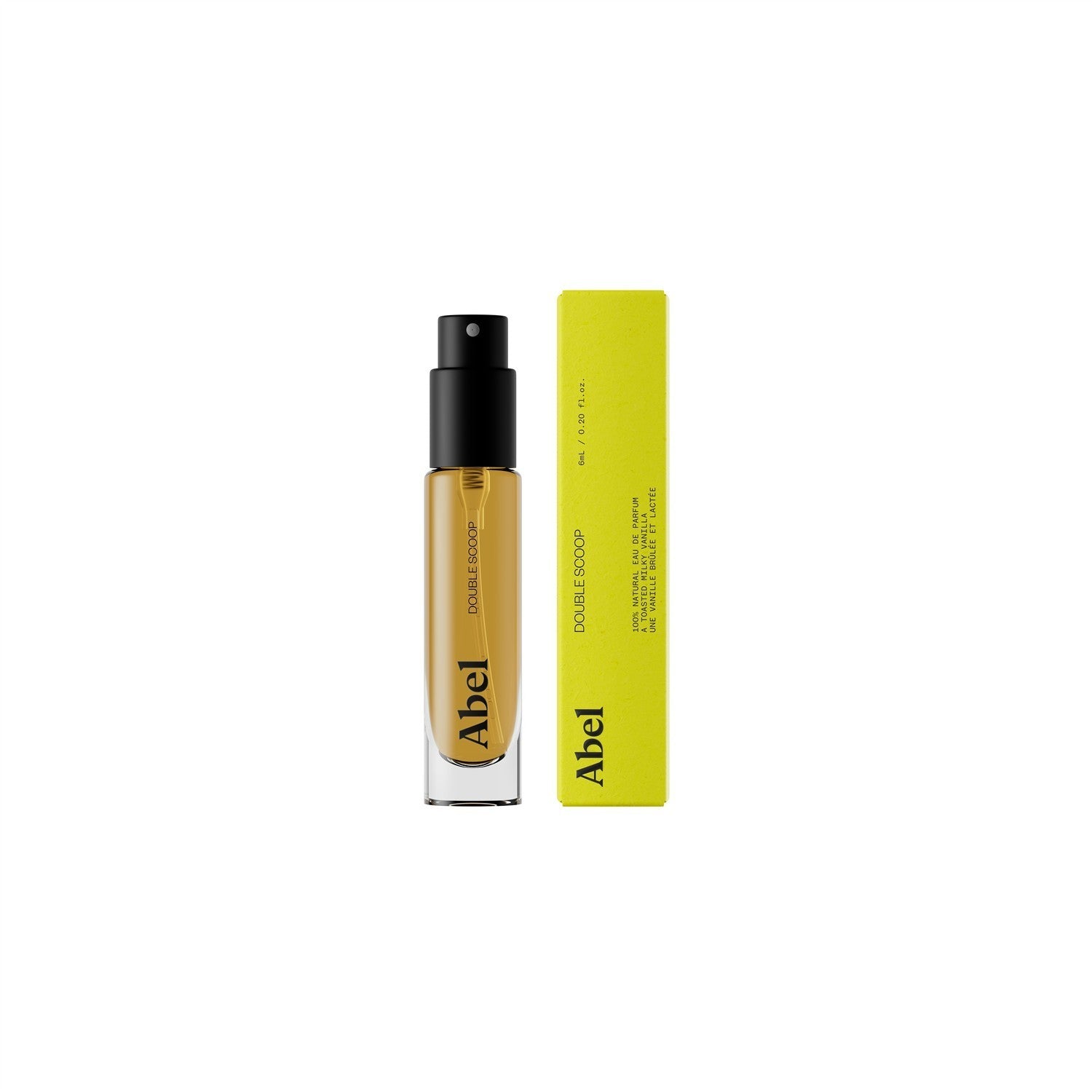 Abel Double Scoop Eau de Parfum – 6ml glass bottle with black spray cap, yellow box, white background – perfume