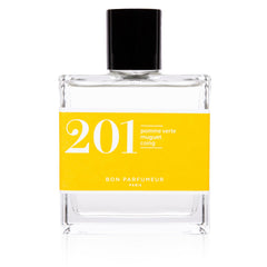 Bon Parfumeur 201 Green Apple glass bottle with black cap and yellow label on white background, fragrance