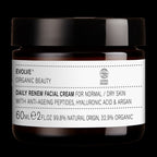Evolve Daily Renew Facial Cream, 60ml brauner Glastiegel mit schwarzem Deckel auf schwarzem Hintergrund, Hautpflege