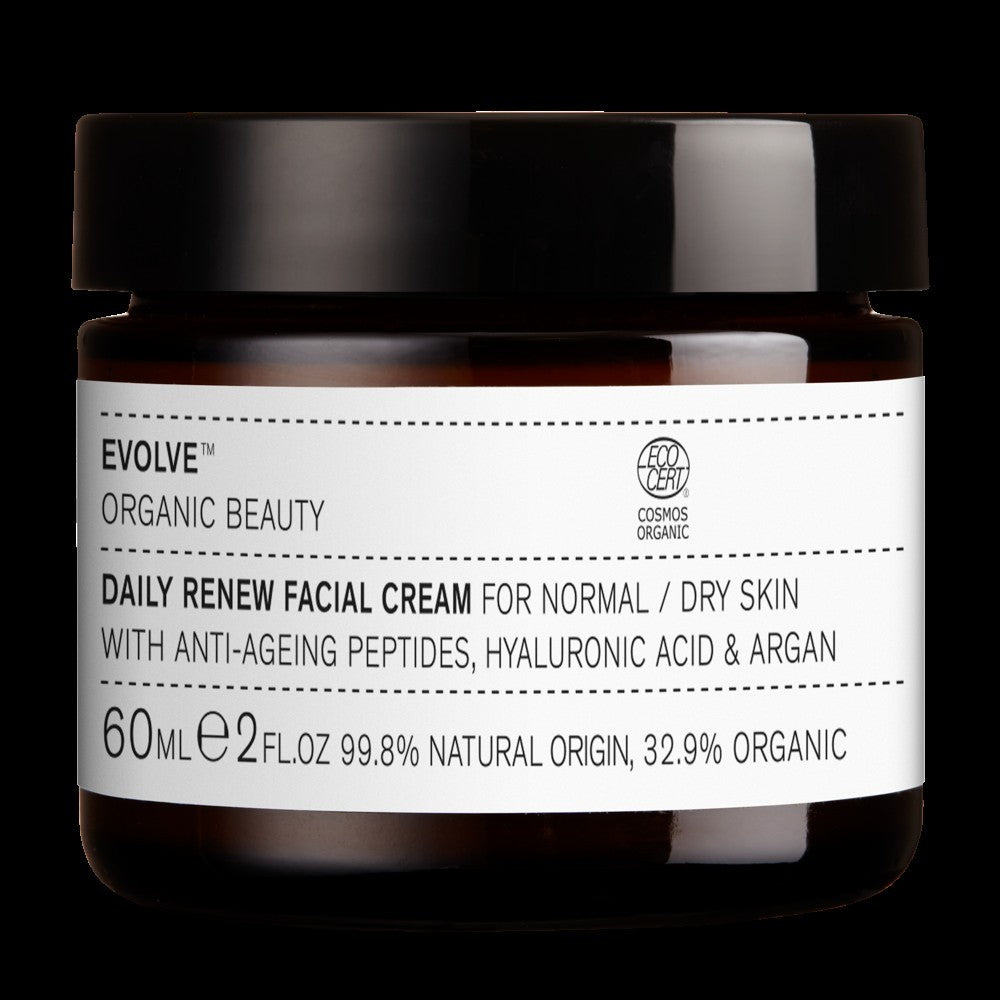Evolve Daily Renew Facial Cream, 60ml brauner Glastiegel mit schwarzem Deckel auf schwarzem Hintergrund, Hautpflege