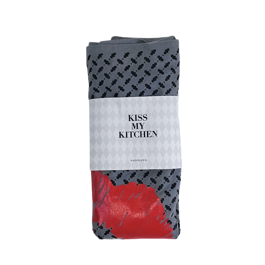 Bag Pali Grey Red Kiss – grey bag with red kiss print, white label on white background – kitchen accessories