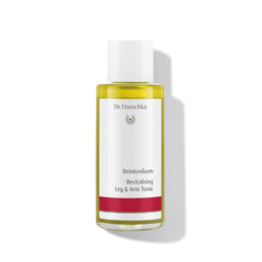 Dr. Hauschka Beintonikum – durchsichtige Glasflasche mit weißem Deckel, weißer Hintergrund – Beinpflege