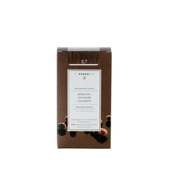 KORRES Argan Oil Hair Color 5.7 – brown cardboard box, white label, white background – hair care
