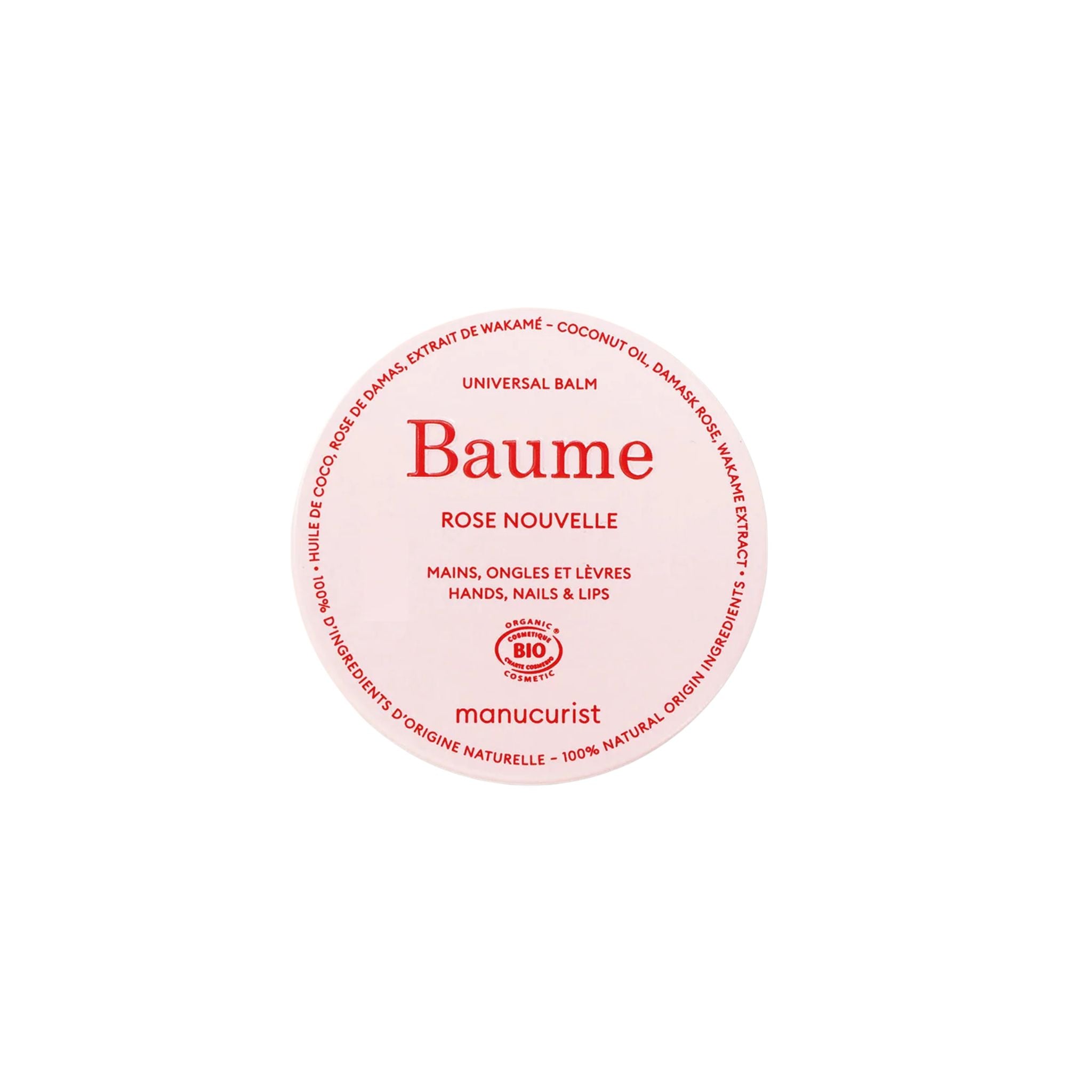 Manucurist Baume Rose Nouvelle in a jar with a pink lid on a white background, skin care