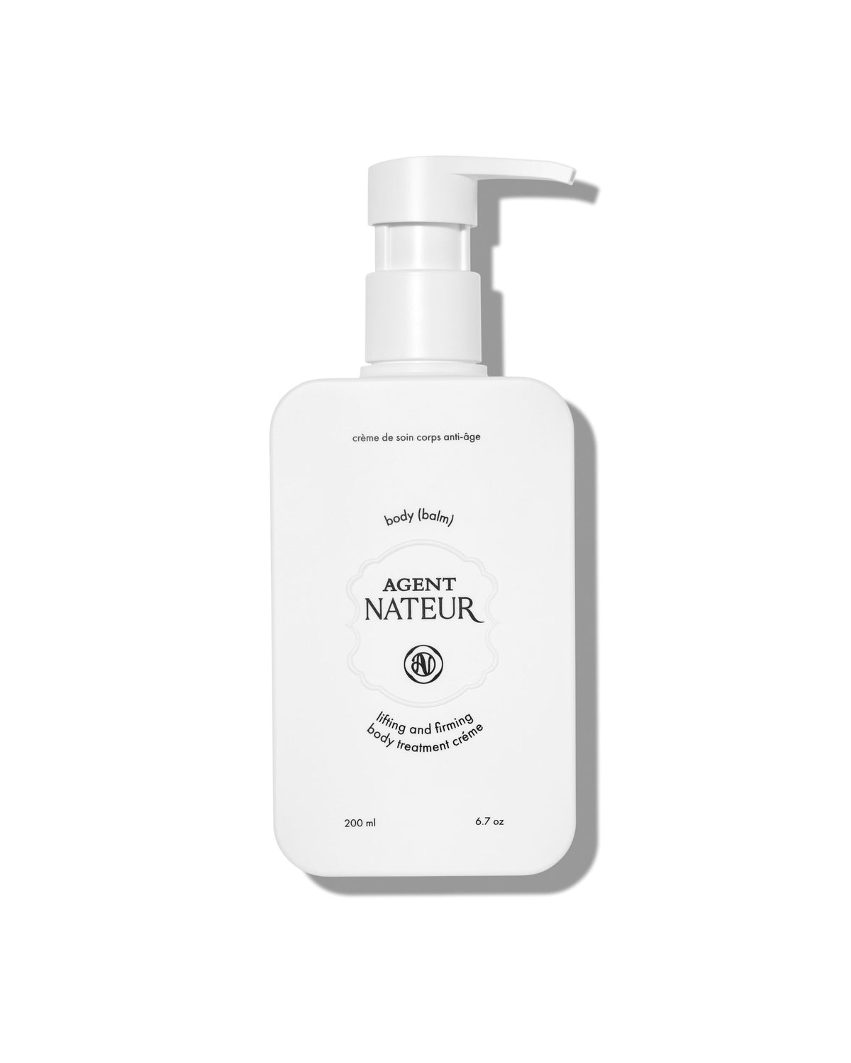Agent Nateur Body (balm) straffende Körpercreme in weißer 200-ml-Pumpflasche vor weißem Hintergrund, Skin Care.