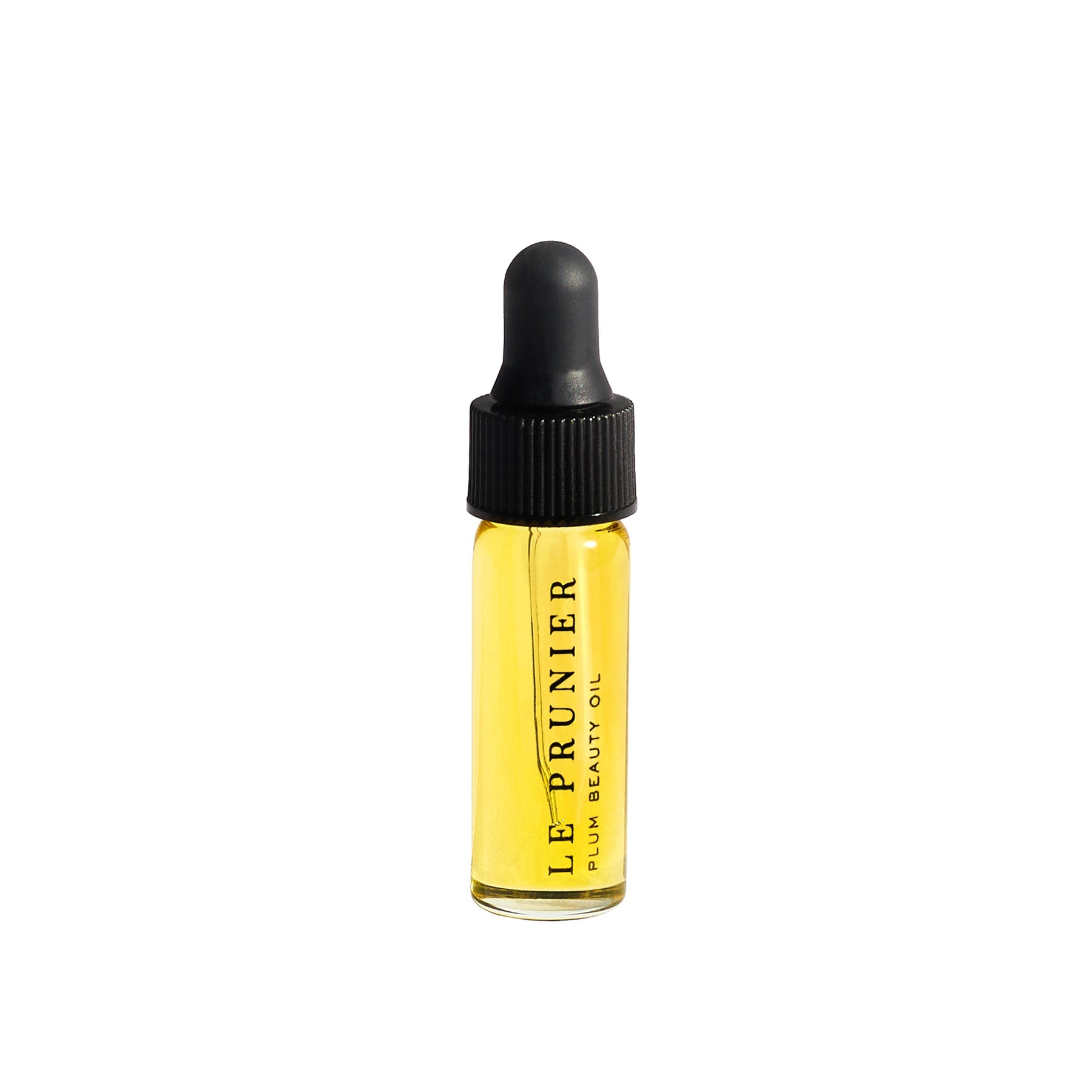 Le Prunier Plum Beauty Oil – kleines Glasfläschchen 3,7ml mit schwarzer Pipettenkappe, weißer Hintergrund – Hautpflege