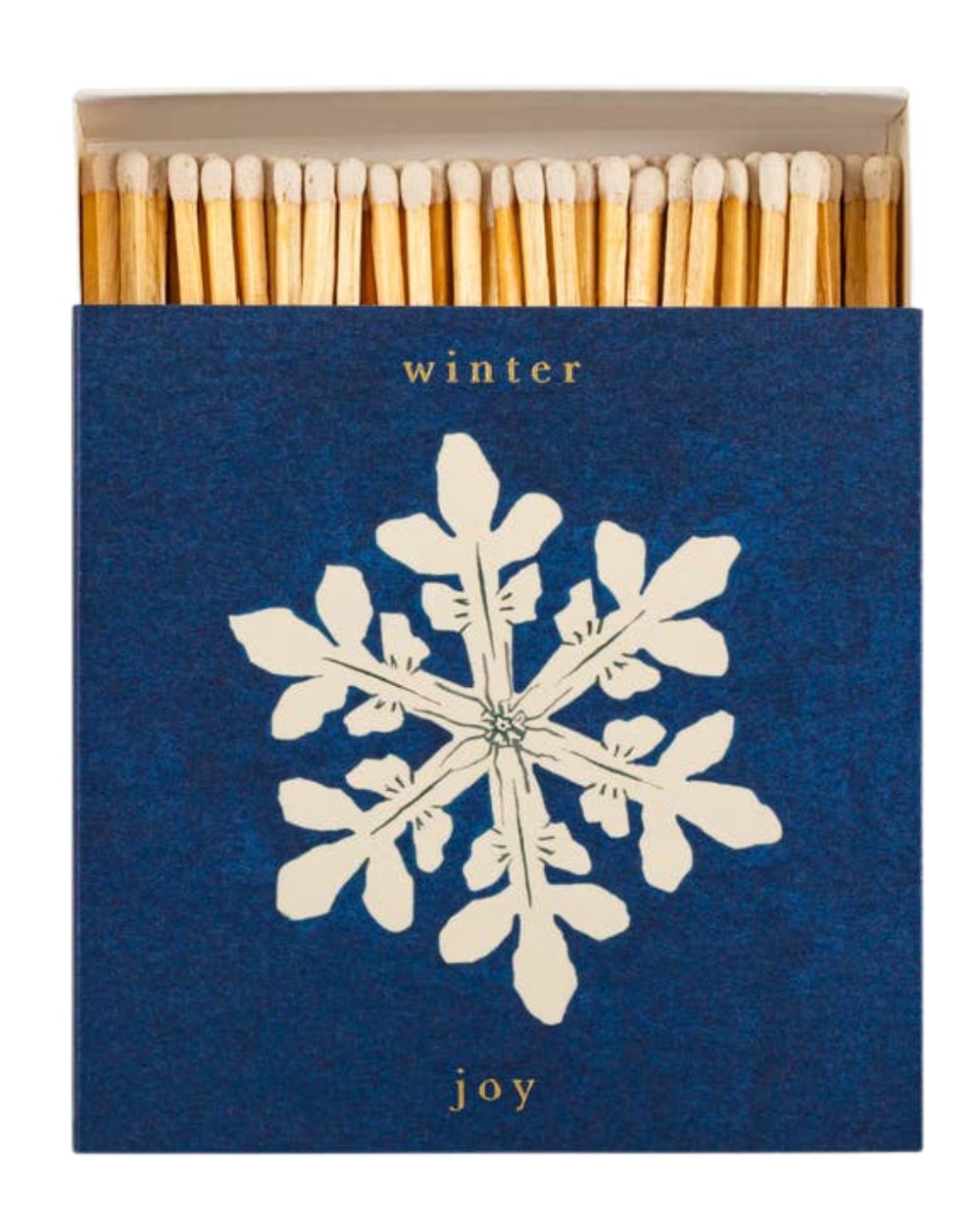 Winter Joy Streichhölzer – blaue Schachtel mit weißem Schneeflocken-Design, offener Deckel, weißer Hintergrund