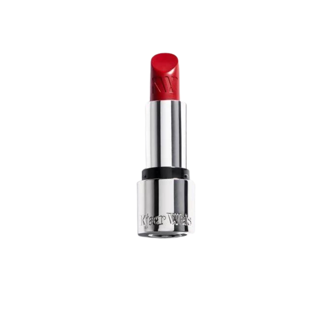 X Caroline Issa Lip Stick Sucré – red lipstick in silver tube, white background – makeup