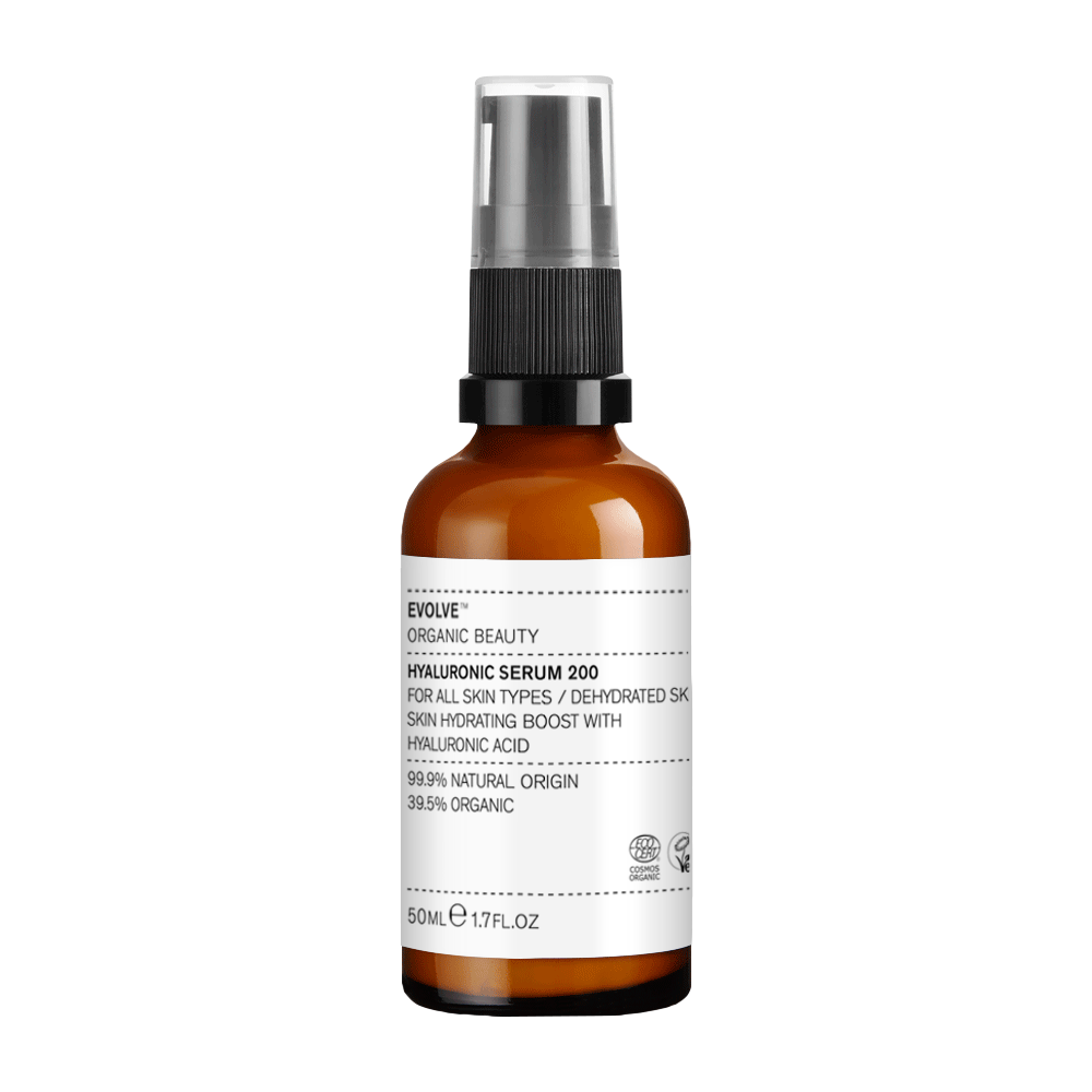 Evolve Organic Beauty Hyaluronic Serum 200 in a brown 50ml spray bottle with a black cap for skin care.