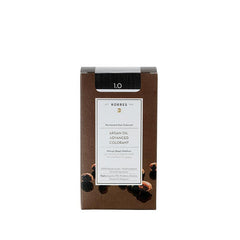 KORRES Argan Oil Advanced Colorant 1.0 – brown cardboard box, black cap, white background – hair color