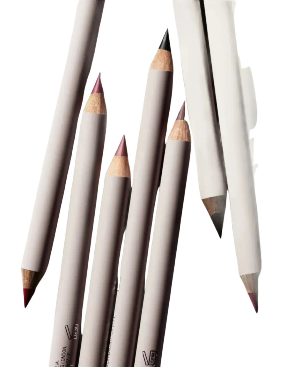 Vega London Lip & Eye Liner – graue Stifte mit sichtbaren Farbspitzen, weißem Hintergrund – Augen-Make-up