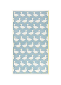 Waddling Ducks Organic Cotton Beach Towel – light blue with white ducks, yellow border, white background – beach accessories