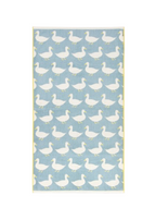 Waddling Ducks Organic Cotton Beach Towel – light blue with white ducks, yellow border, white background – beach accessories