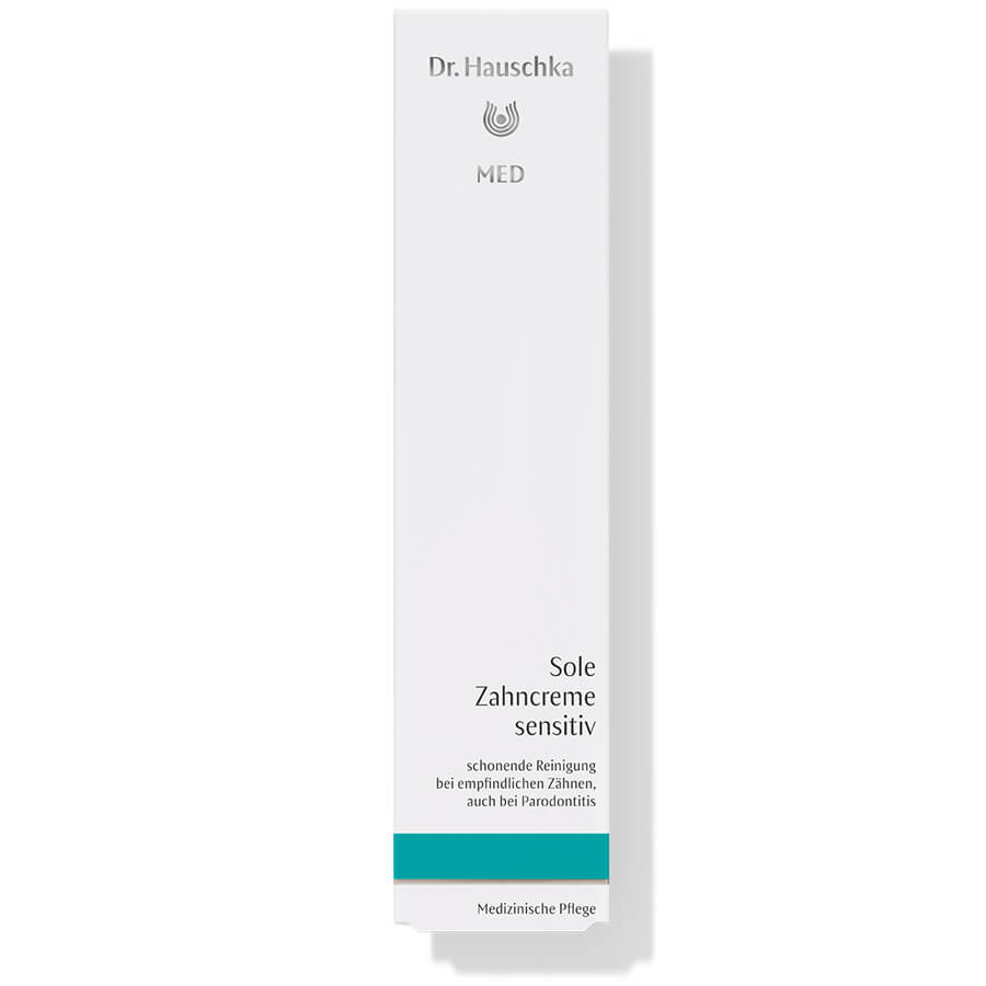 Dr. Hauschka MED Sole Toothpaste Sensitive – white tube with turquoise stripe, white background – dental care