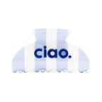 Blau-weiß gestreifte ciao Haarklammer vor weißem Hintergrund, Haarzubehör
