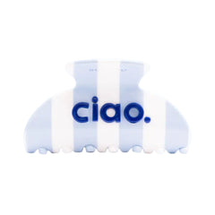Blau-weiß gestreifte ciao Haarklammer vor weißem Hintergrund, Haarzubehör