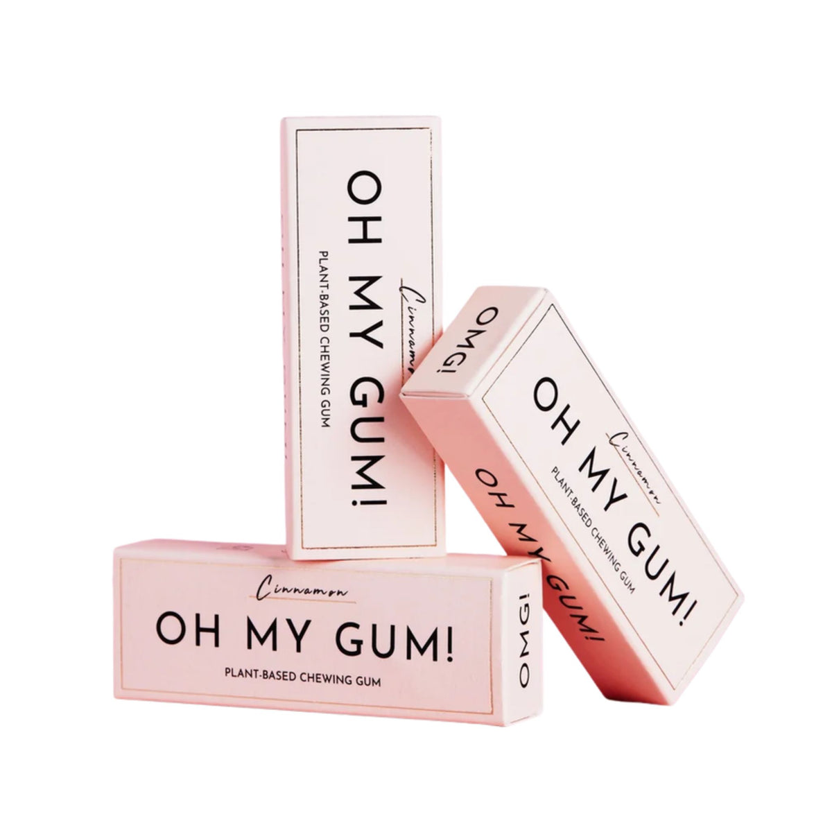 Oh My Gum! pflanzenbasiertes Kaugummi Zimt in rosa Schachteln auf weißem Hintergrund, Mundpflege