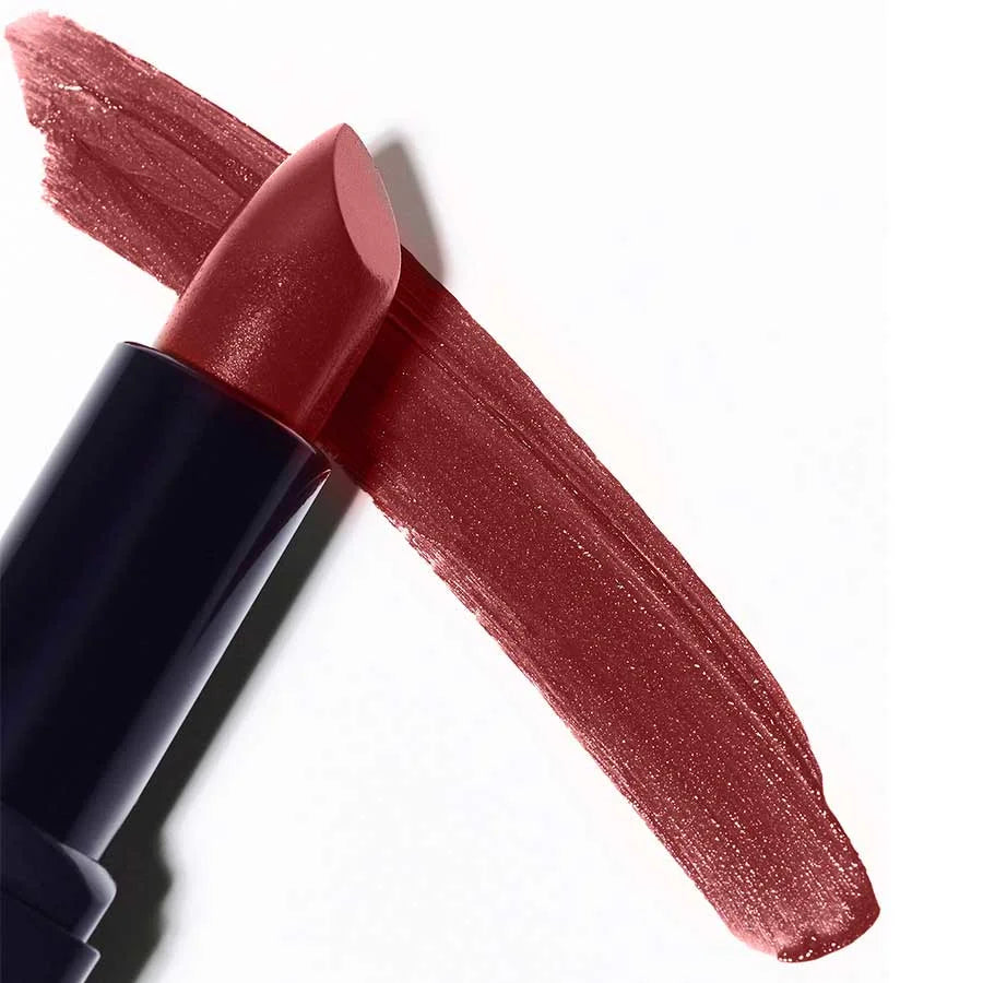 Lipstick 10 Dahlia – dark red tube, shimmering lipstick, white background – makeup