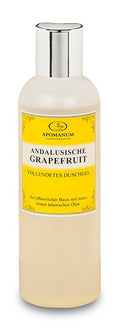 Apomanum Andalusische Grapefruit Shower Gel – cream-colored bottle with silver cap, yellow label, white background – skin care