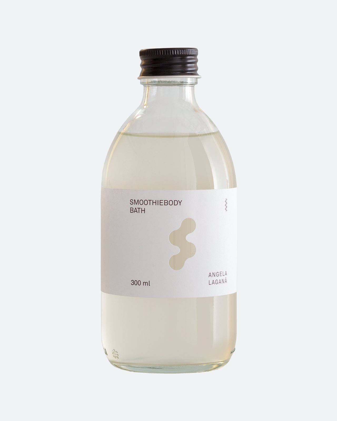 Smoothiebody Bath Urban Botanical – 300ml Glasflasche mit schwarzem Schraubdeckel, weißem Etikett, hellgrauem Hintergrund – Badepflege