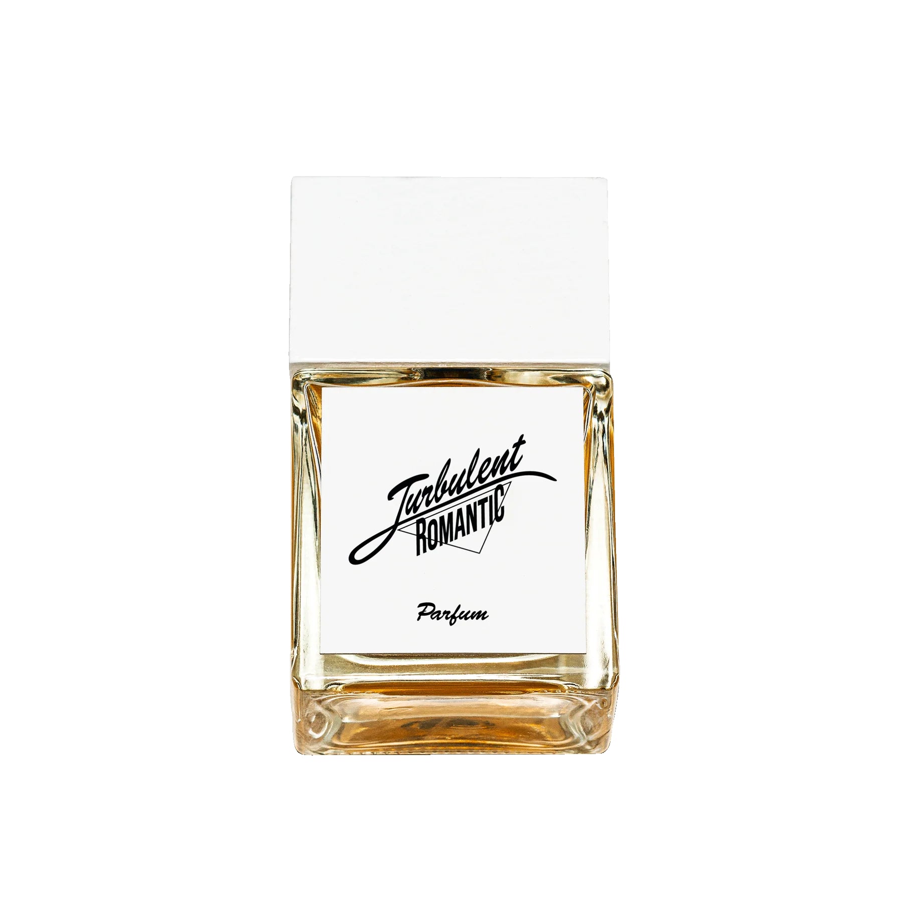 Turbulent Romantic Parfum – quadratische Glasflasche 50ml, weißer Deckel, weißer Hintergrund – Parfüm