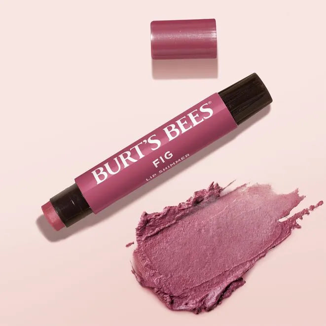 Burt’s Bees Lip Shimmer Fig – purple tube with black cap, pink background – lip care
