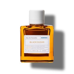 KORRES Black Sugar Eau de Toilette – amber glass bottle 50ml, white cap, white background – perfume