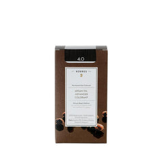 KORRES Argan Oil Permanent Hair Colorant 4.0 – brown cardboard box, white background – hair care