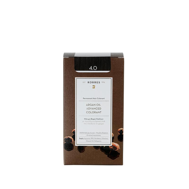 KORRES Arganöl Permanent Haarfarbe 4.0 – braune Kartonverpackung, weißer Hintergrund – Haarpflege