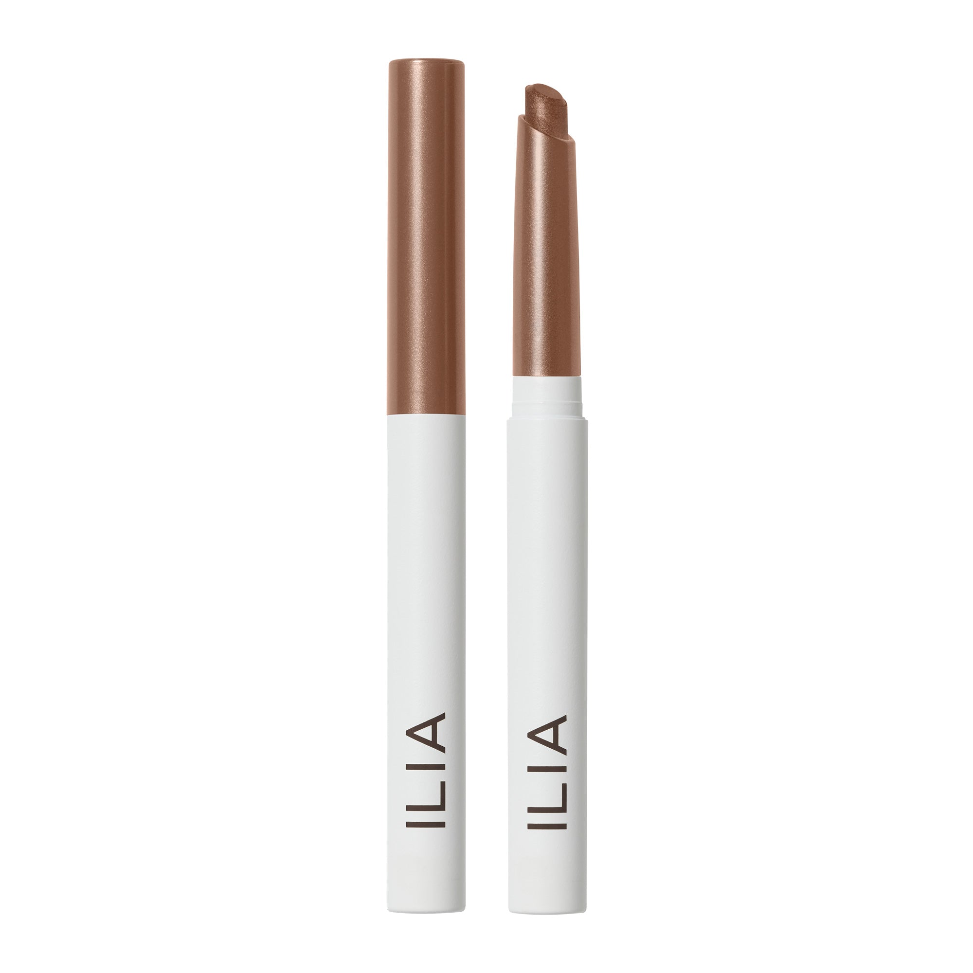 ILIA Eye Stylus Shimmer, brown pencil with white tube and cap on white background, eye makeup