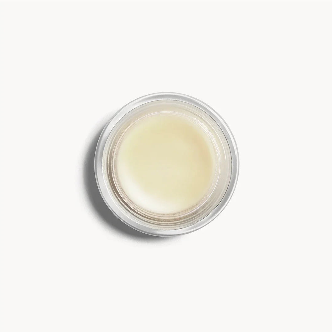 The Beautiful Eye Balm – clear glass jar with silver rim, creamy content, white background – eye care