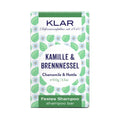 KLAR Solid Shampoo Chamomile & Nettle, 100g, green-white packaging with leaves and flowers – hair care