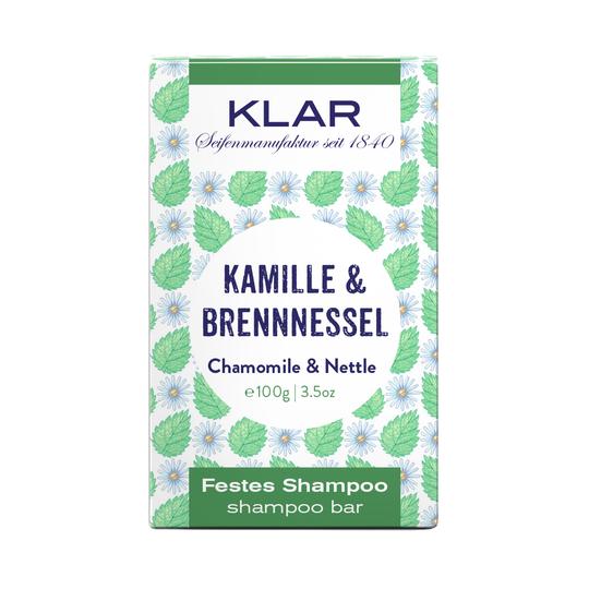 KLAR Solid Shampoo Chamomile & Nettle, 100g, green-white packaging with leaves and flowers – hair care