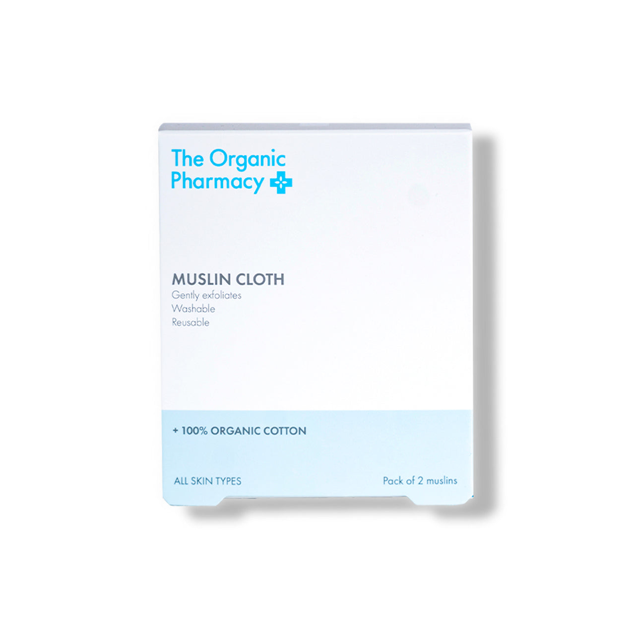 The Organic Pharmacy Organic Muslin Cloth Duo in white packaging, pack of 2, skin care