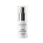 Mádara Deep Moisture Eye Contour Cream in a white pump bottle with a silver neck and transparent cap.