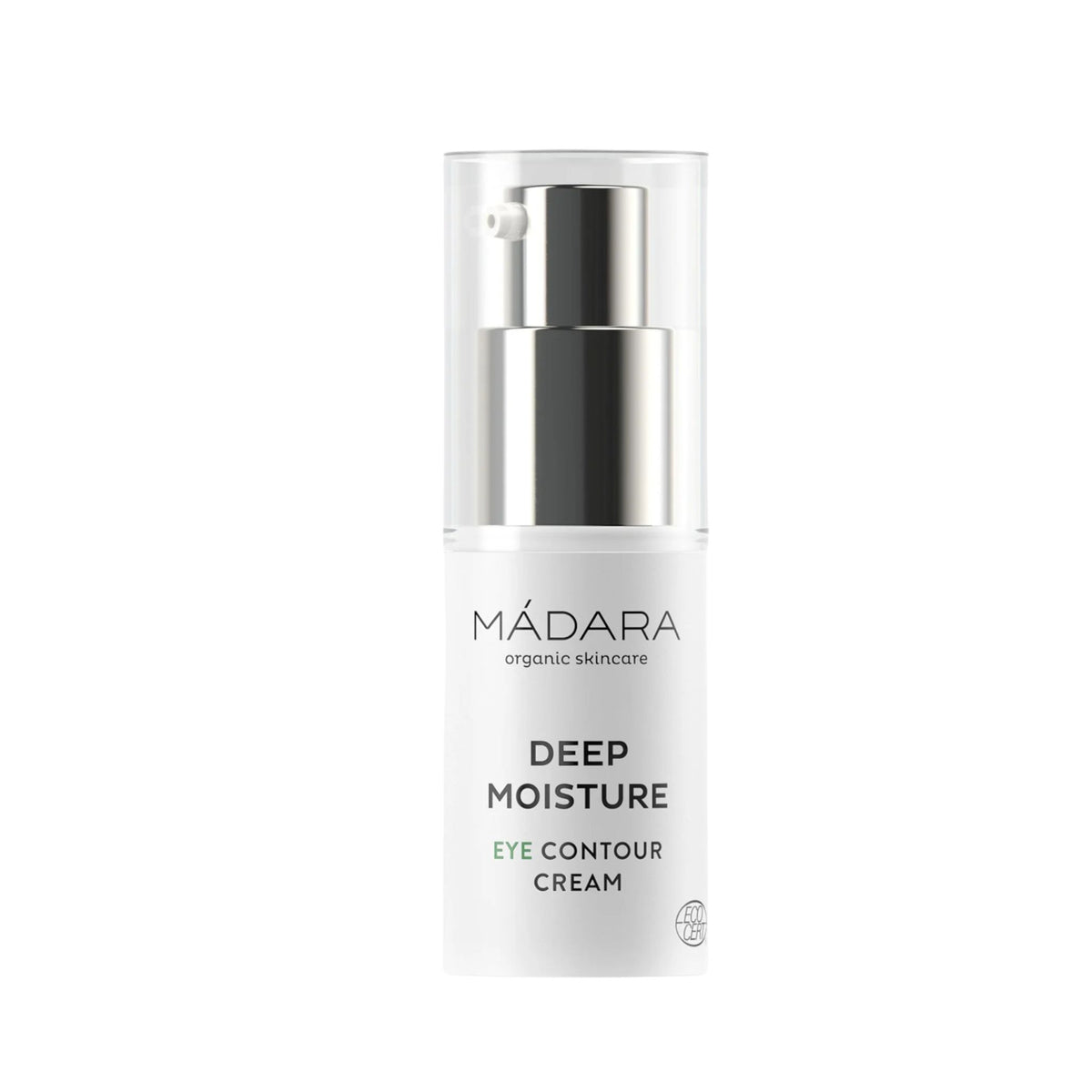 Mádara Deep Moisture Eye Contour Cream in einer weißen Pumpspenderflasche mit silbernem Hals und transparentem Verschluss.