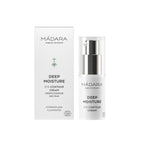 Mádara Deep Moisture Eye Contour Cream, white cardboard box and white pump bottle with transparent cap.