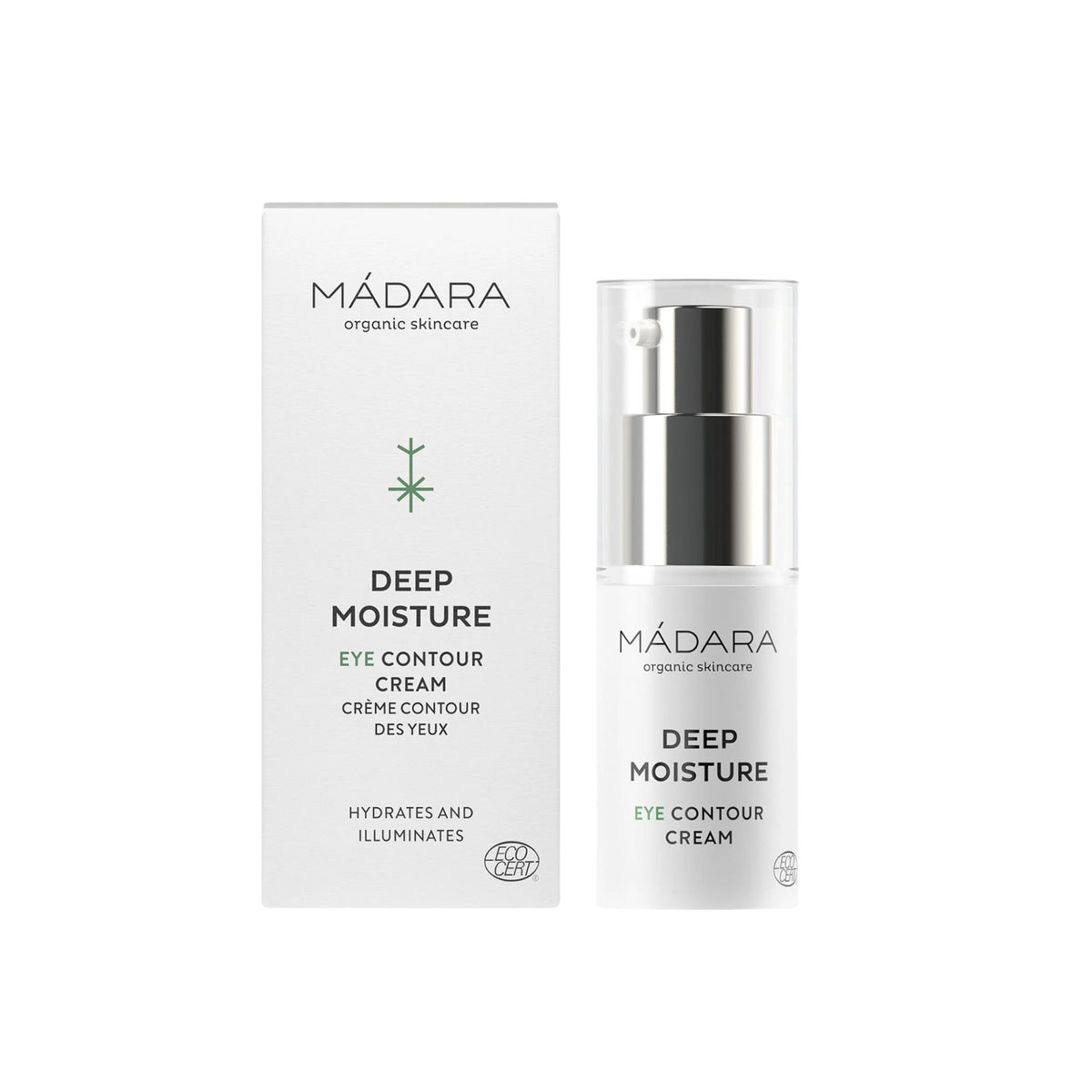 Mádara Deep Moisture Eye Contour Cream, weiße Kartonverpackung und weiße Pumpflasche mit transparentem Verschluss.