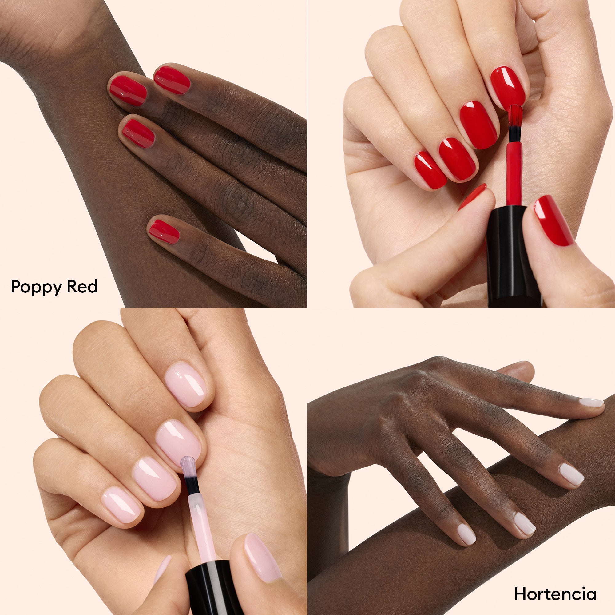 Routine Xtreme Flash Nail Polish – black bottle with brush, Poppy Red & Hortencia shades, creamy background – nail care