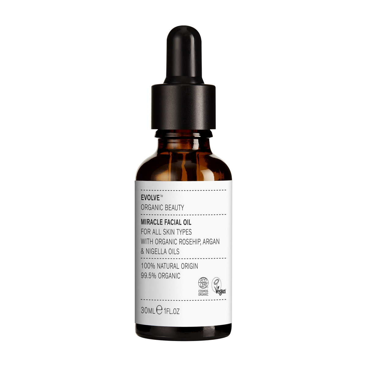 Evolve Rosehip Miracle Facial Oil in a brown glass bottle with dropper on a white background, 30ml skin care