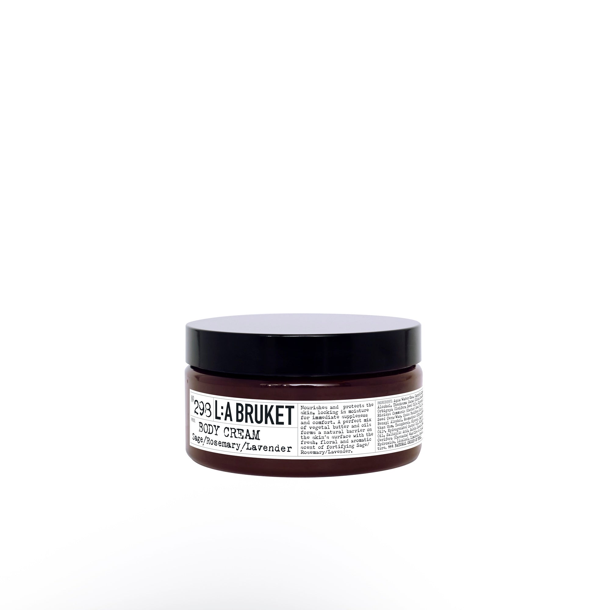 L:A BRUKET Nr. 298 Body Cream – brauner Glasbehälter mit schwarzem Deckel, weißem Etikett und weißem Hintergrund – Körperpflege