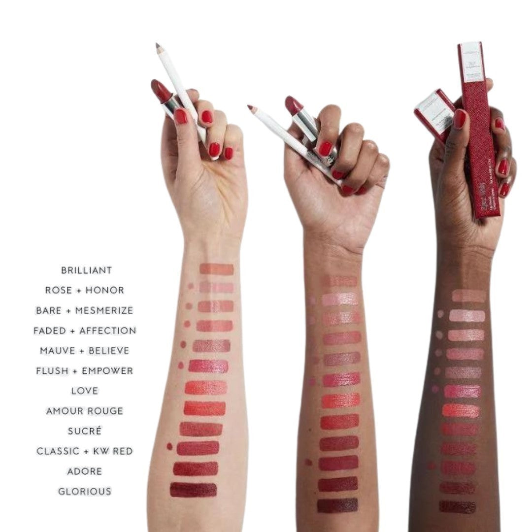 Lip Pencil Classic Refill – red cardboard packaging, white background, lipstick swatches on three arms – lip care
