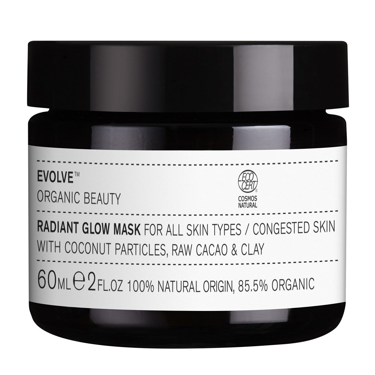 Evolve Radiant Glow Mask in a black glass jar with a black lid, 60ml, skin care