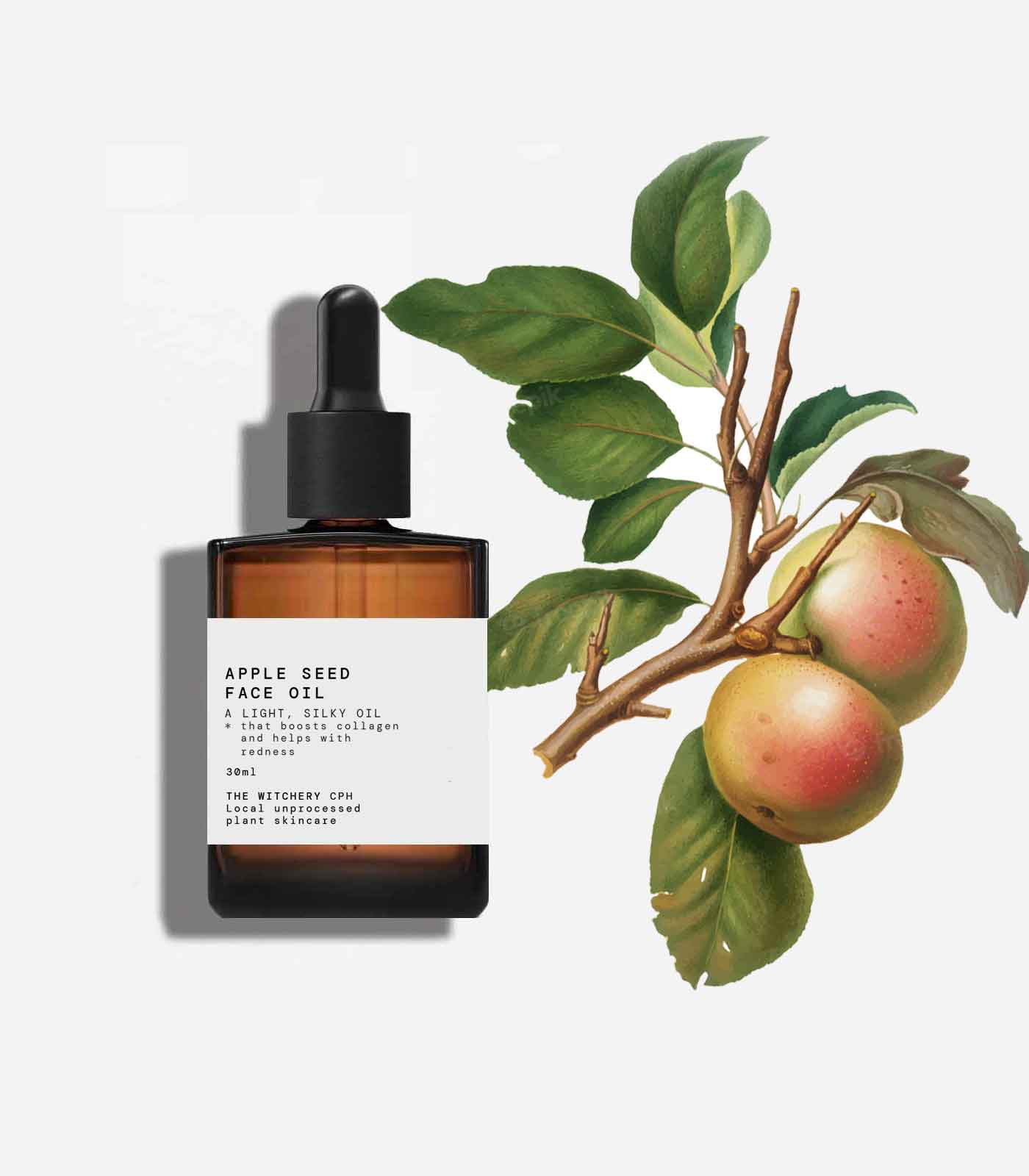 The Witchery CPH Apple Seed Face Oil in einer braunen Glasflasche mit Pipette auf weißem Grund, Hautpflege