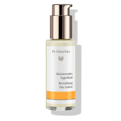 Dr. Hauschka Revitalising Day Lotion – glass bottle with pump dispenser, white-orange label, white background – skin care