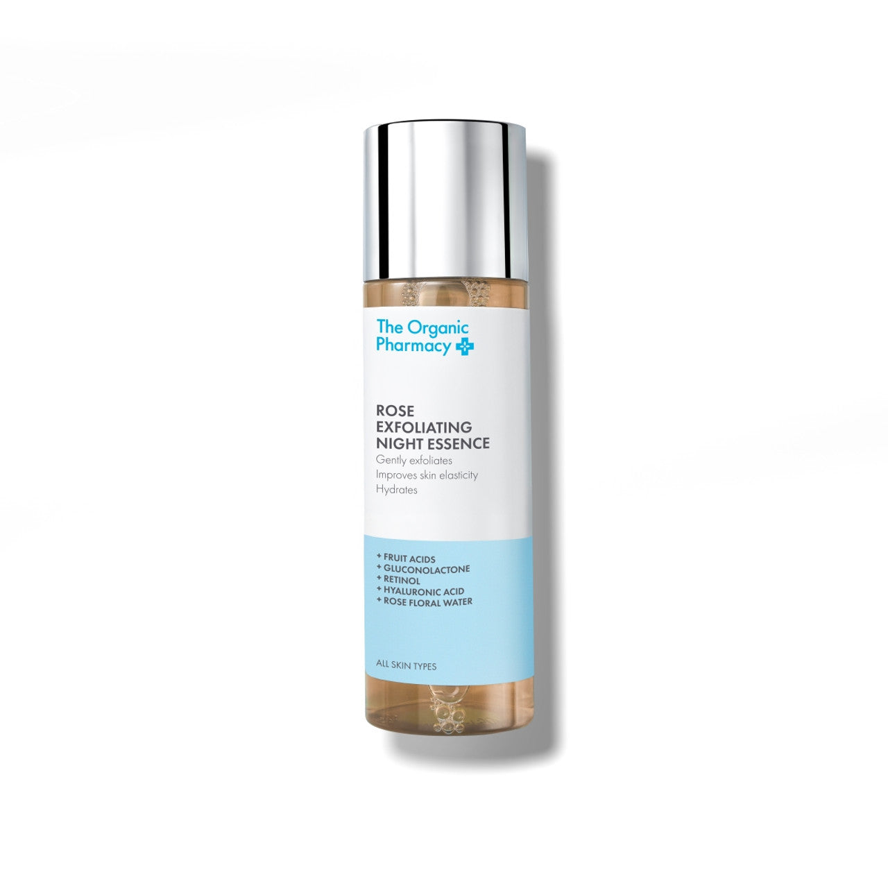 The Organic Pharmacy Rose Exfoliating Night Essence in einer Flasche mit silbernem Verschluss für die Hautpflege