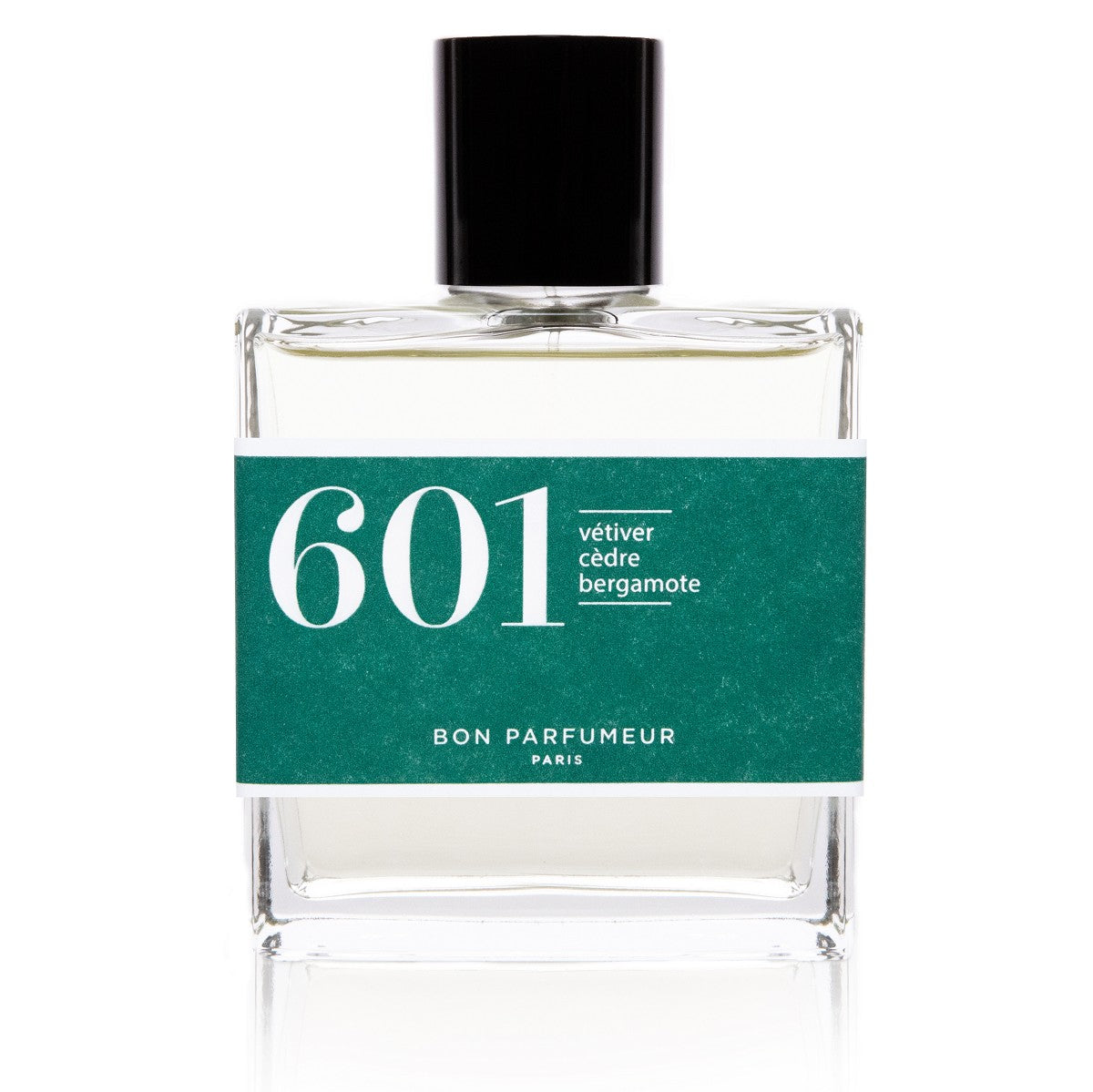 601 Vetiver Parfüm – klares Glasflakon 100ml, schwarzer Deckel, grünes Etikett, weißer Hintergrund – Parfüm